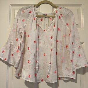 “Aerie”- Women's White Boho Embroidered Peasant Top with Tassel Tie